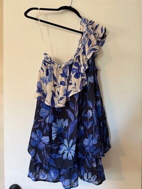 Anthropologie One-Shoulder Floral Dress in Blue and Cream